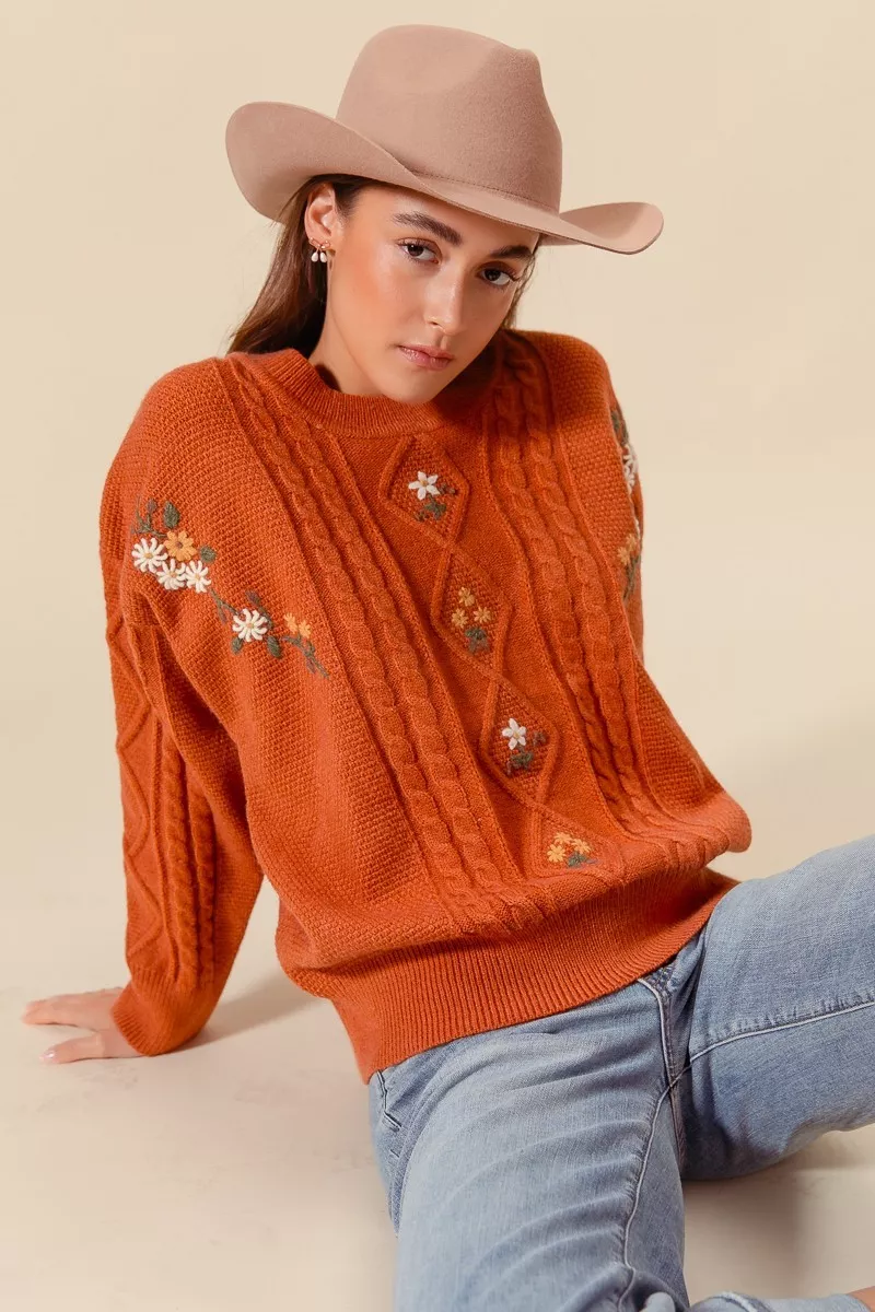 Embroidered Flower Cable Knitted Sweater, image 5