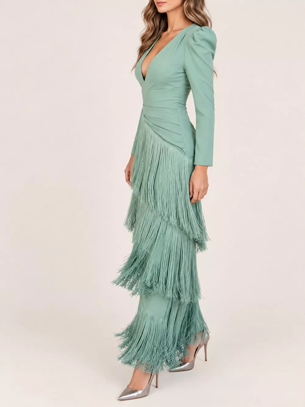 Fringed V-Neck Puff Sleeve Maxi Dress, image 5