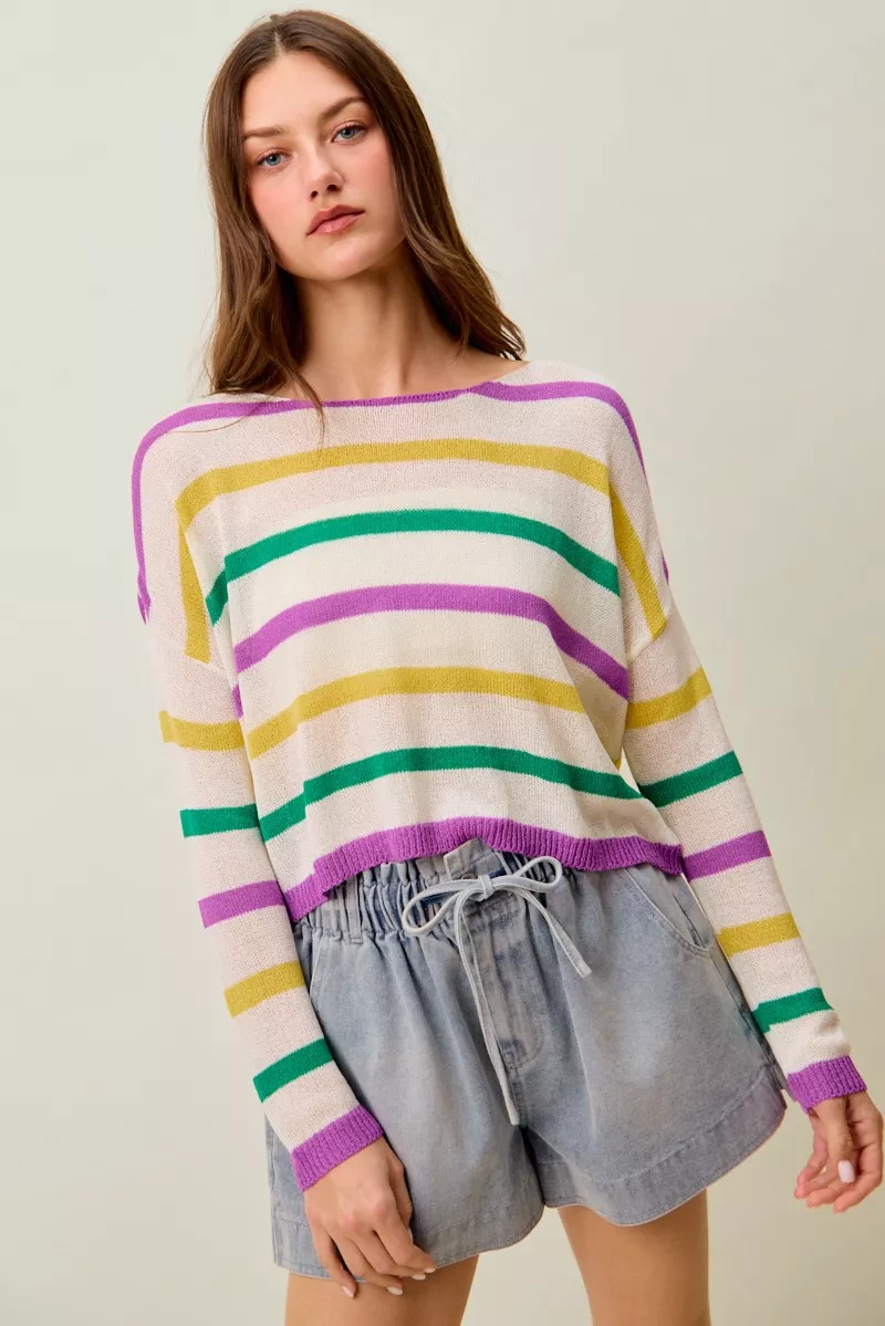 Mardi Gras Color Stripe Lightweight Sweater Top
