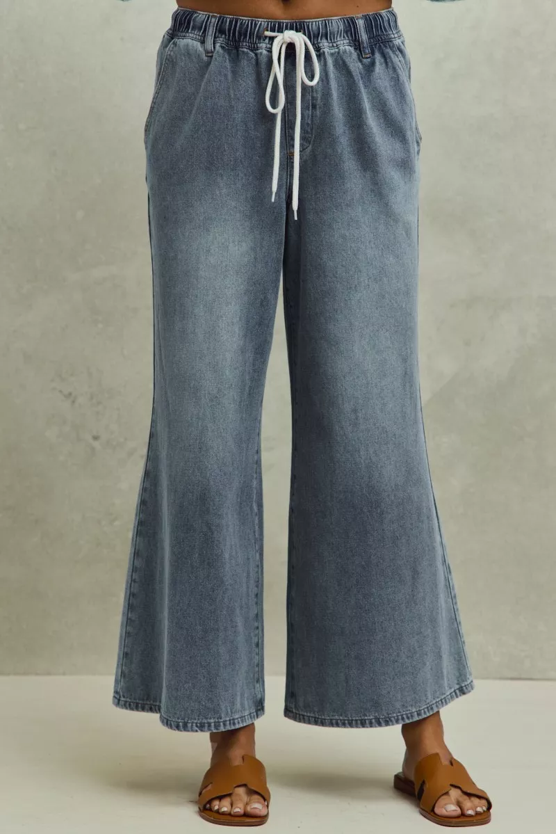 Mid Rise Elastic Waist Flare Denim Jeans
