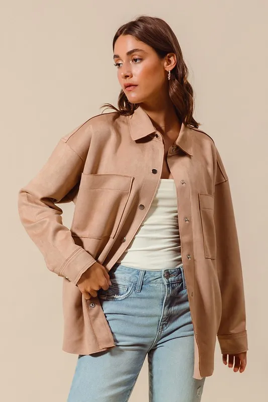 Faux Sued Snap Shacket with Collar and Pockets, image 6