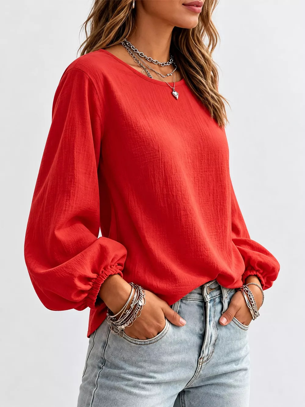 Full Size Elasticated Cuffs Long Sleeve Blouse Plus Size, image 21