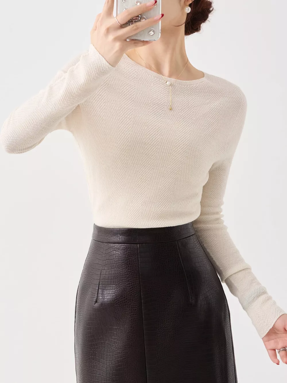 Herringbone Slim Fit Long Sleeve Knit Top, image 14