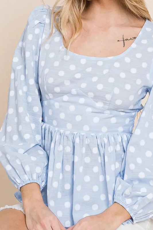 Polka Dot Print Balloon Sleeve Babydoll Peplum Top, image 11