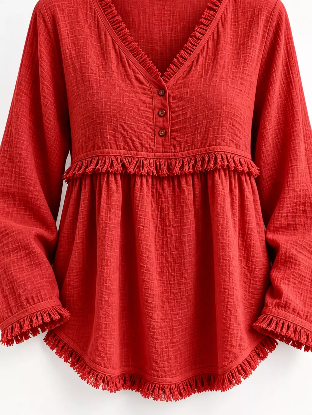 Full Size Fringed Trim V-Neck Long Sleeve Blouse Plus Size, image 68