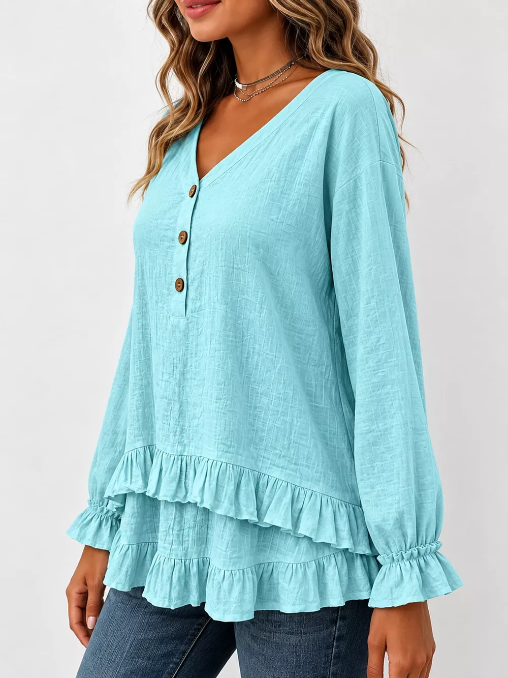 V-Neck Long Sleeve Ruffled Hem Blouse, image 5