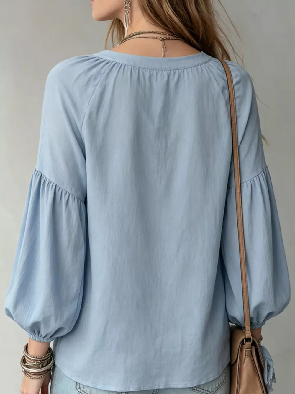 Full Size Notched Balloon Sleeve Blouse Plus Size, image 3