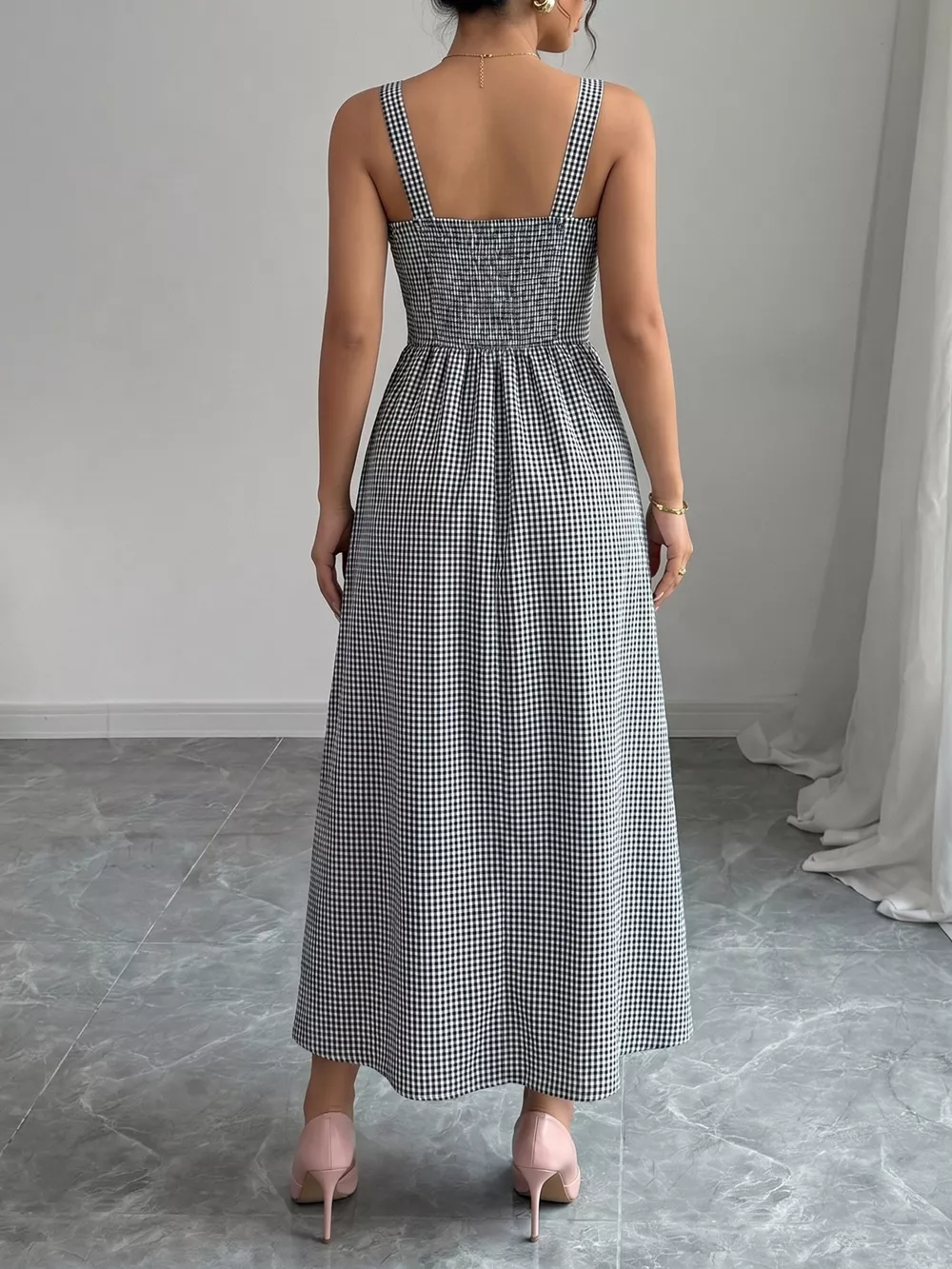 Square Neck Gingham Midi Dress, image 5