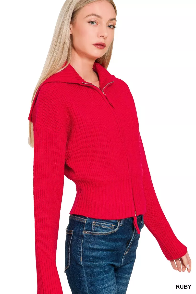 Ribbed Collared Zip Up Sweater Cardigan, image 3