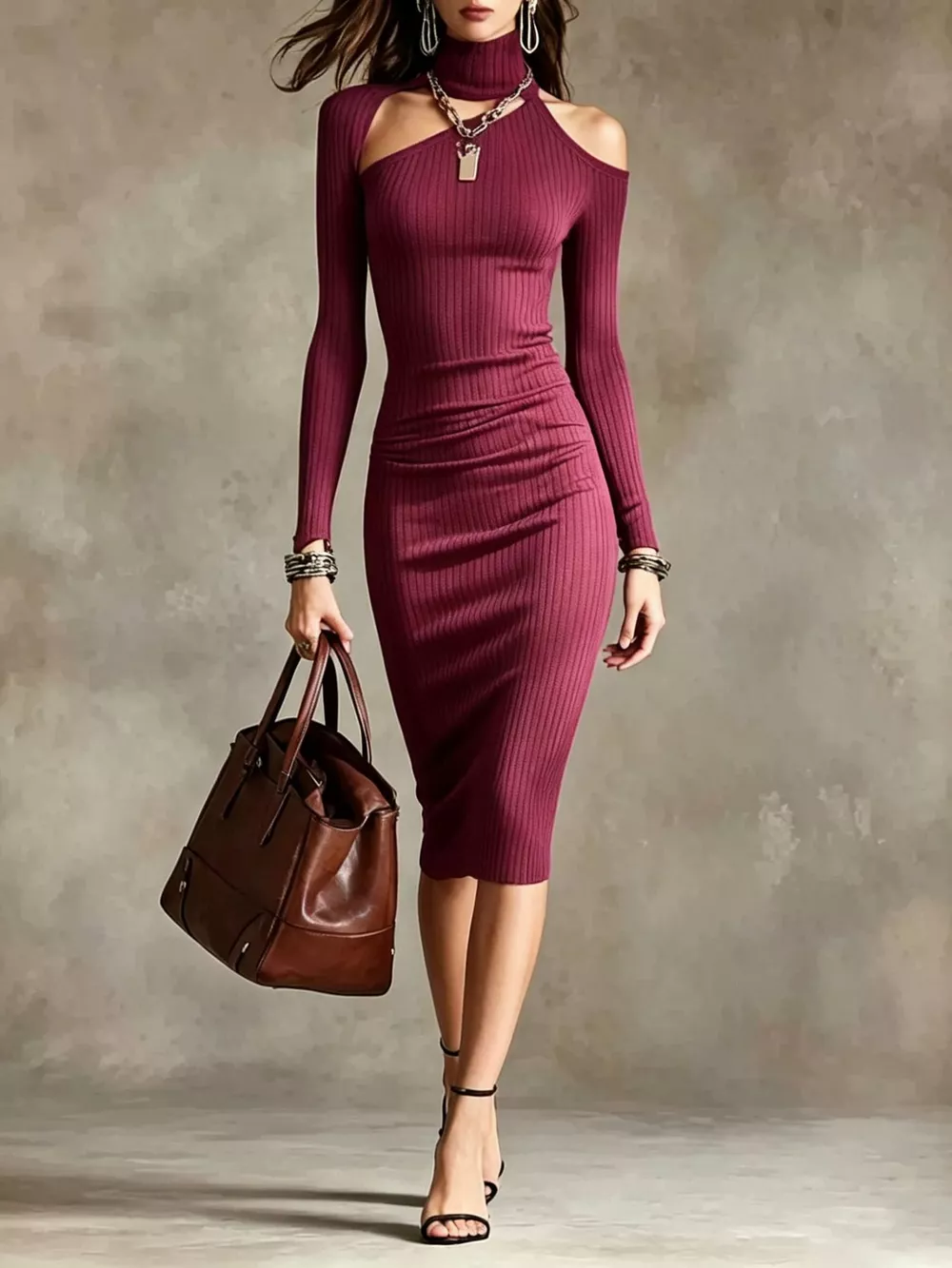 Cold-Shoulder Turtleneck Ribbed Knit Dress, image 8