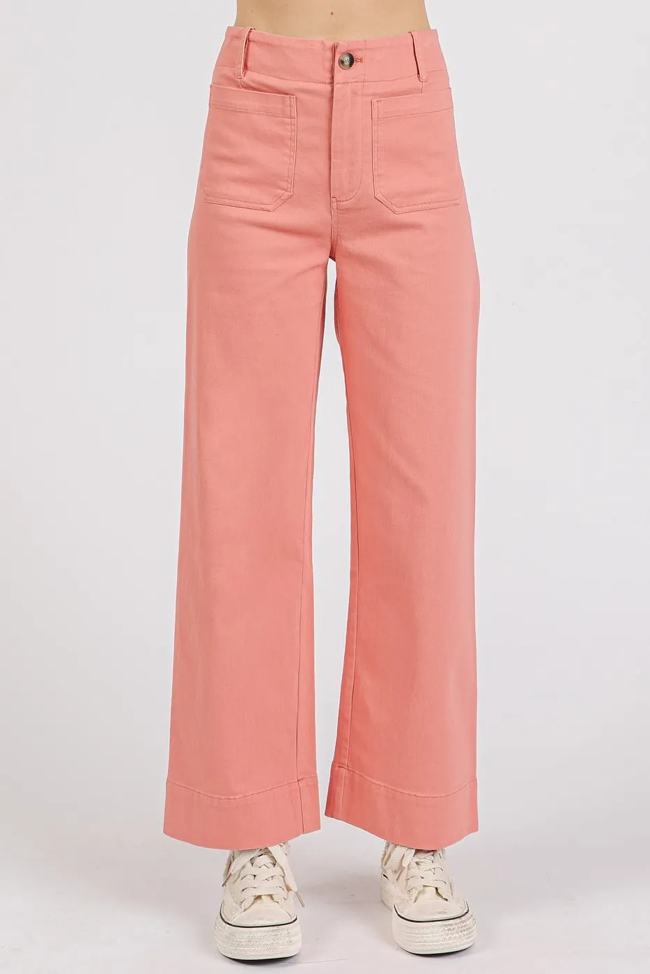 Twill Patch Pocket High Rise Wide Leg Pants