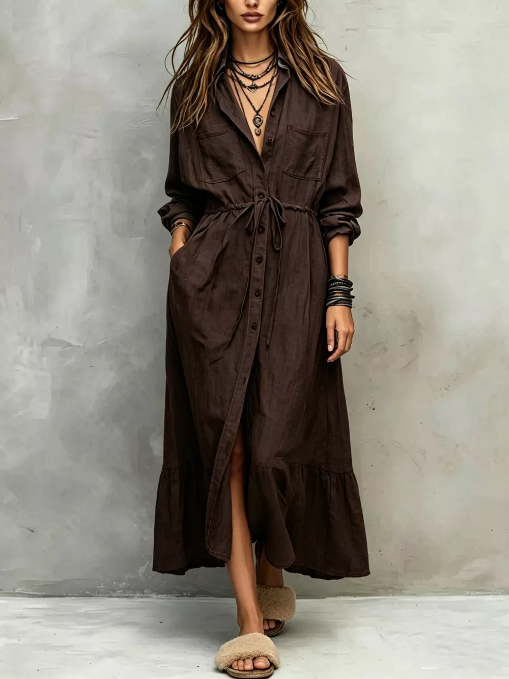 Full Size Button Front Long Sleeve Shirt Dress Plus Size, image 9