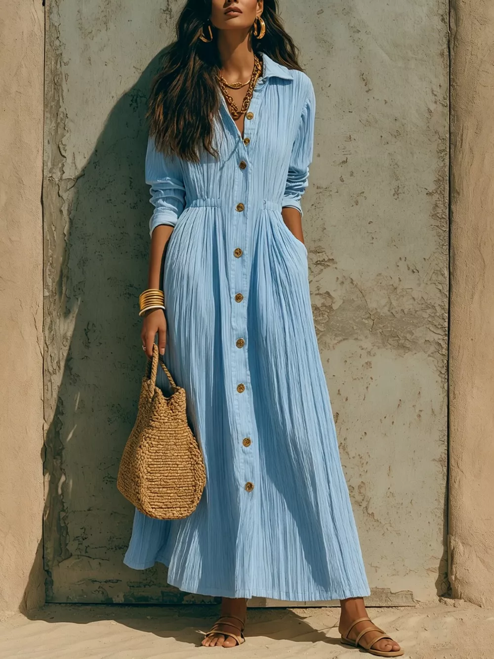 Full Size Textured Button Down Long Sleeve Maxi Dress Plus Size, image 9