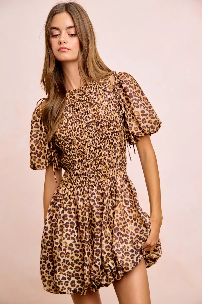 Leopard Bow Tie Attachable Puff Sleeves Dress, image 29