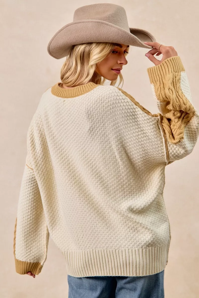 Cable Knit With Hacci Combo Sweater With Uneven Hem Detail, image 15