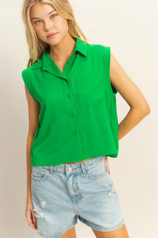 Buttoned Front Sleeveless Collar Shirt