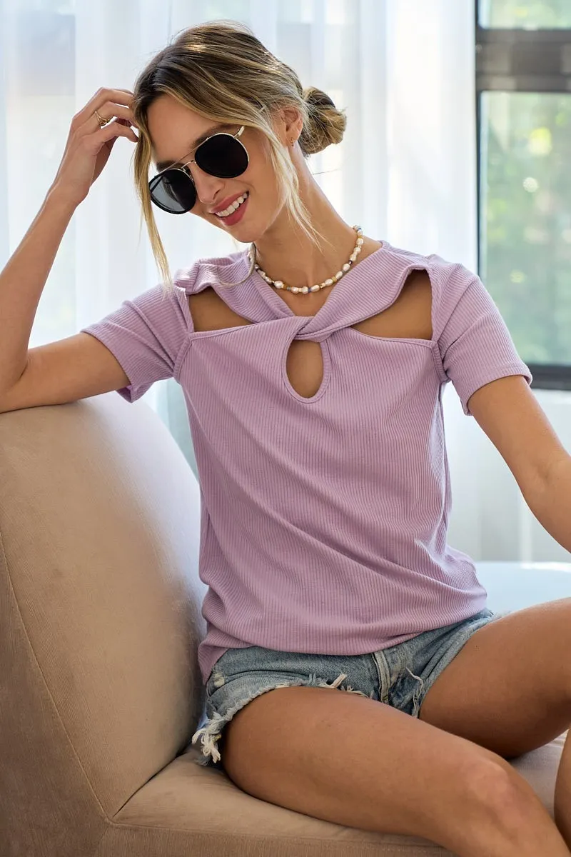 Rib Knit with Cut Out and Front Twist Detailed Top