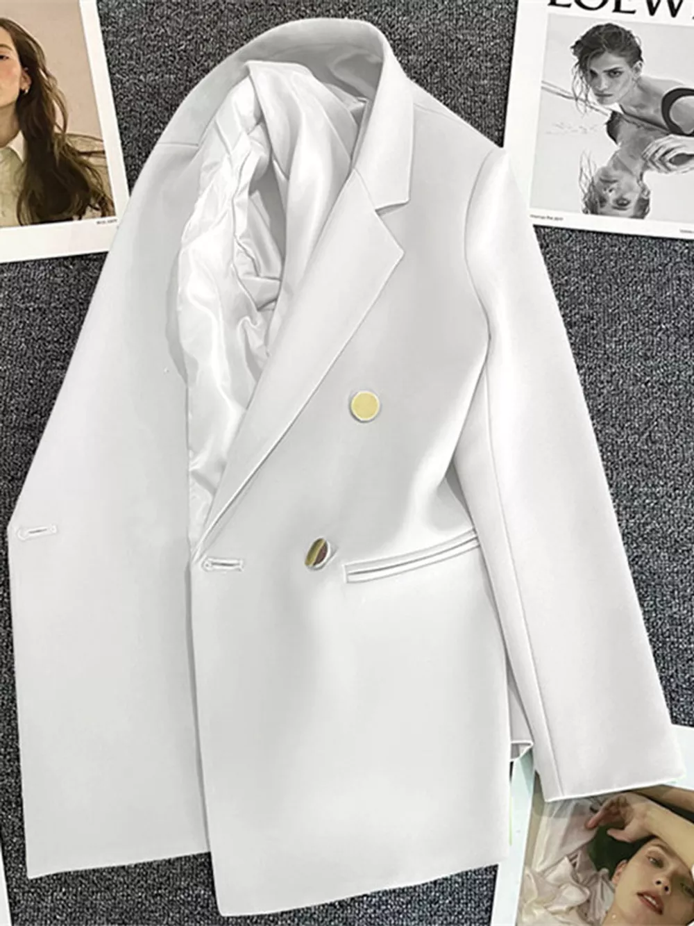 Full Size Minimalist Double-Breasted White Blazer Plus Size