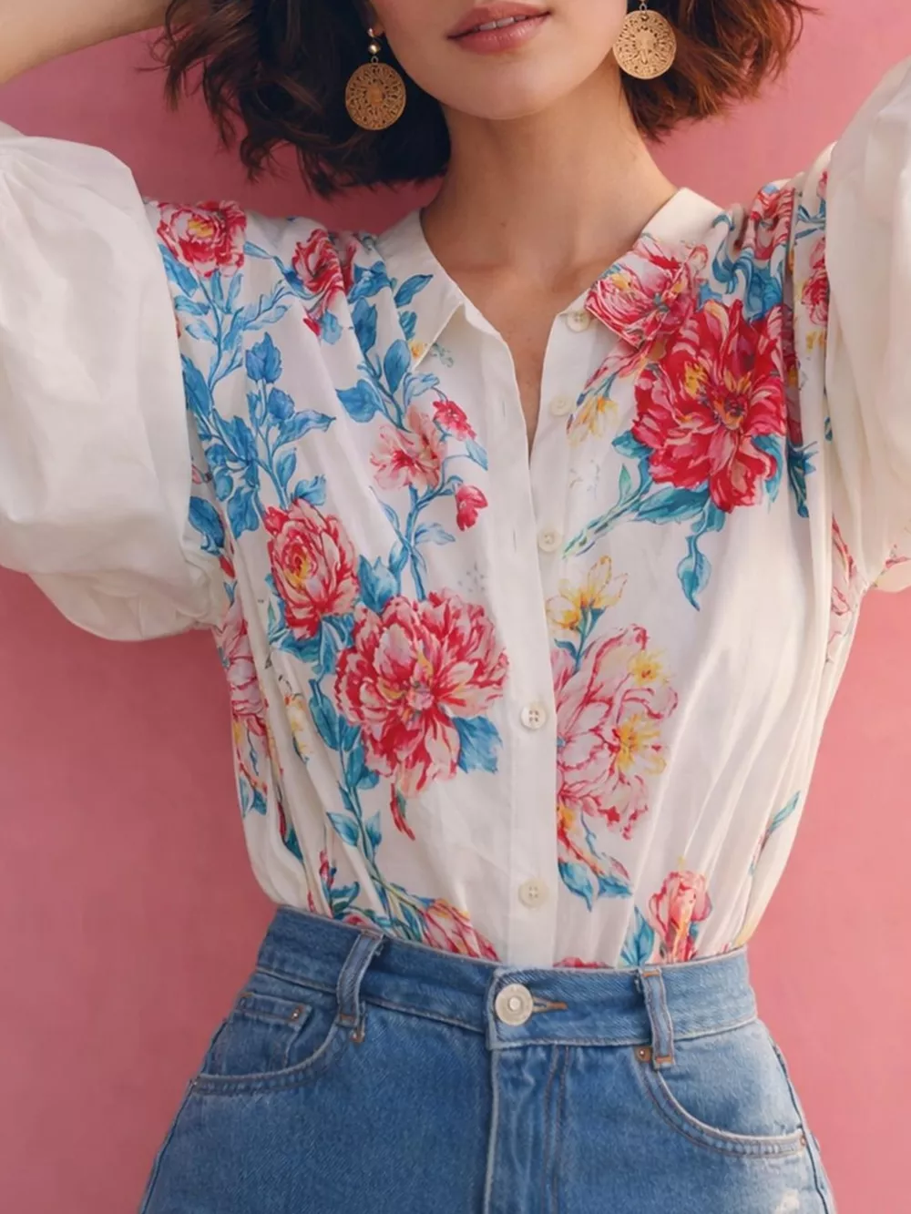 Floral Print V-Neck Shirt with Voluminous Puff Sleeves, image 3