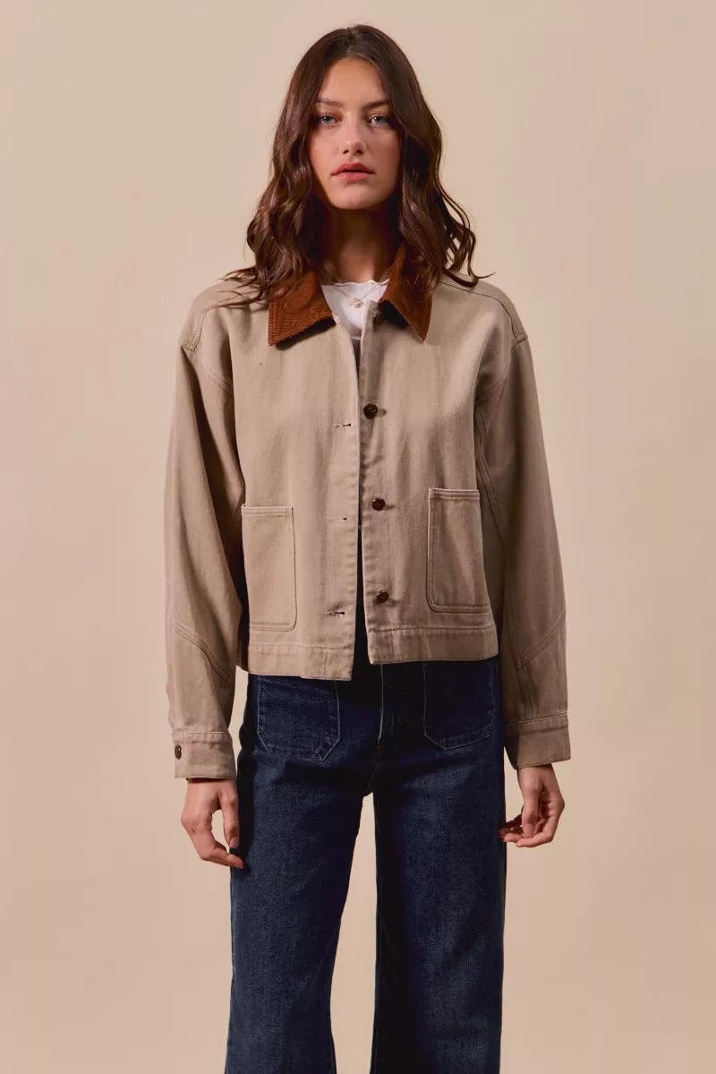 Cotton Twill Cropped Barn Jacket wtih Collar, image 13