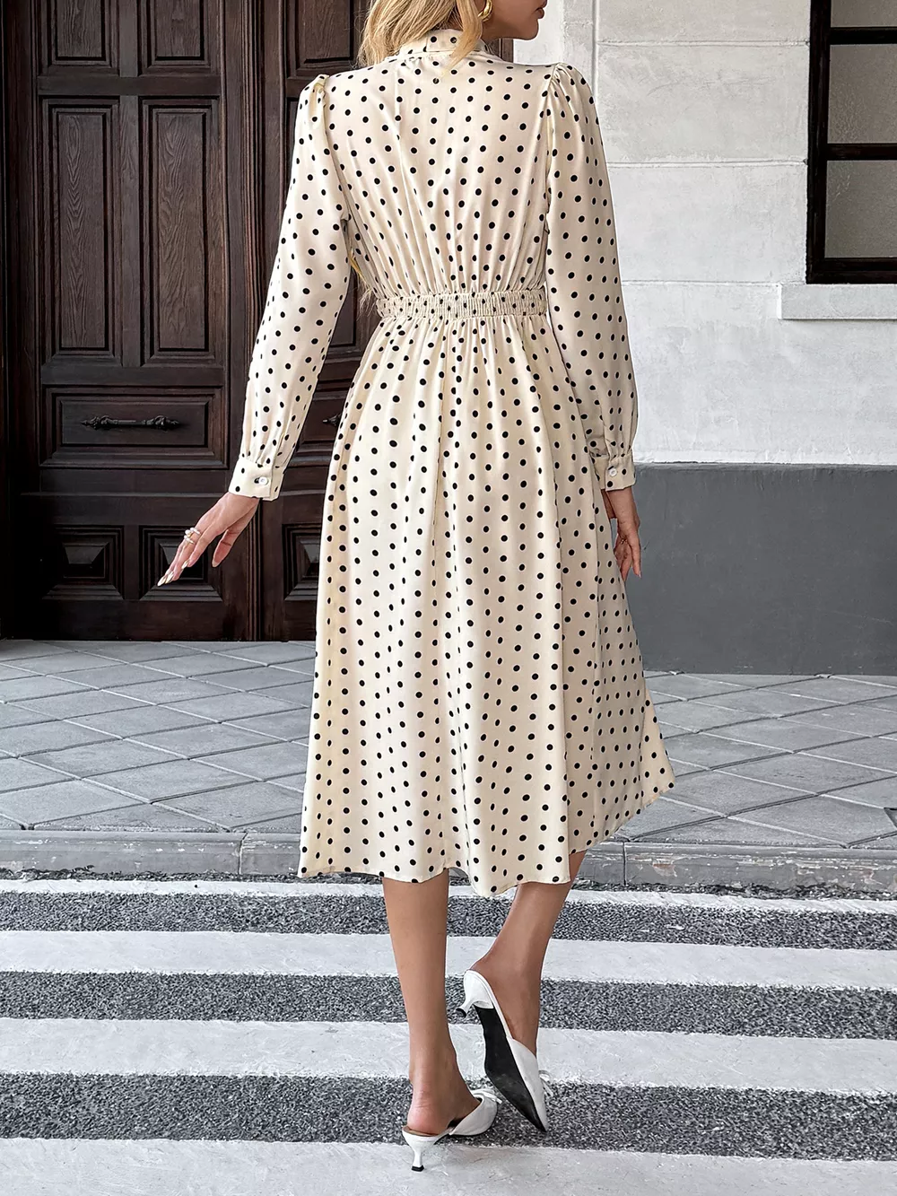 Polka Dot Tie Front Long Sleeve Midi Dress, image 10