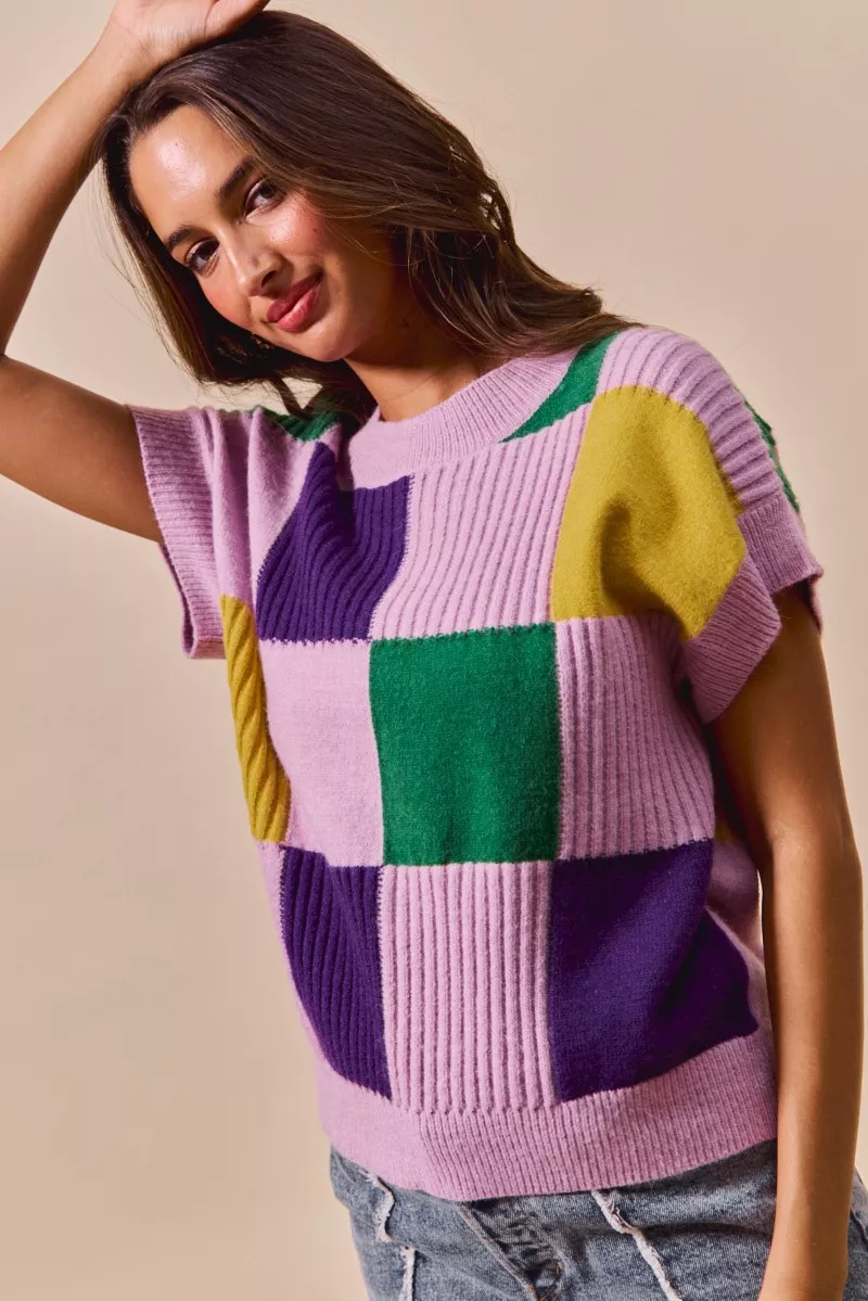 Mardi Gras Check Plaid Casual Sweater Top, image 8