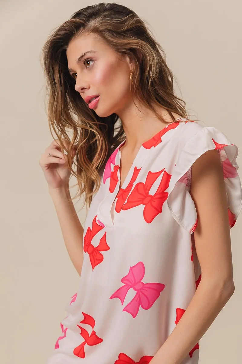 Bow Printed Woven Ruffled Sleeves V Neck Top