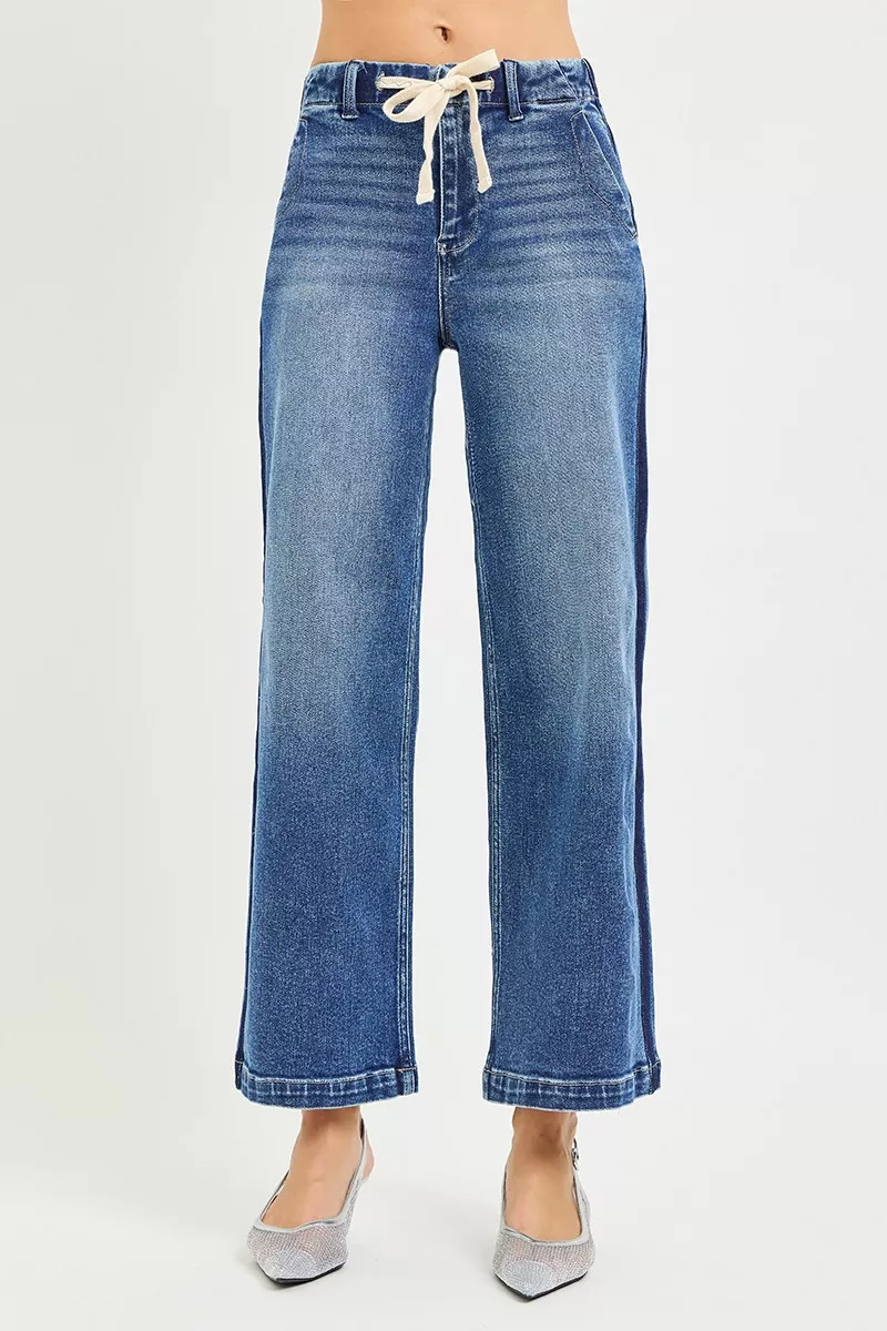 Elastic Band High Rise Cropped Wide Jeans, image 6
