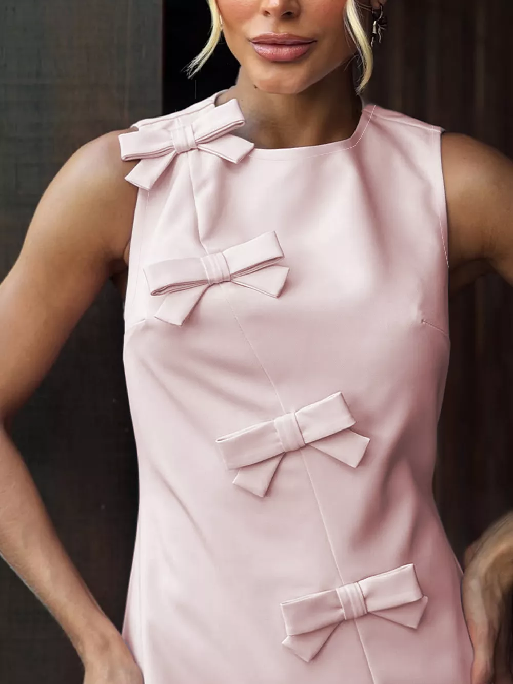Bow Round Neck Sleeveless Mini Dress, image 2