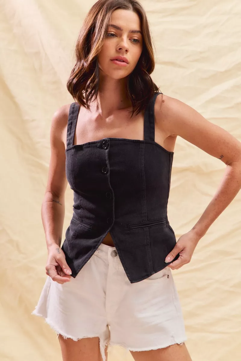 Button Down Sleeveless Game Day Fitted Denim Top, image 10