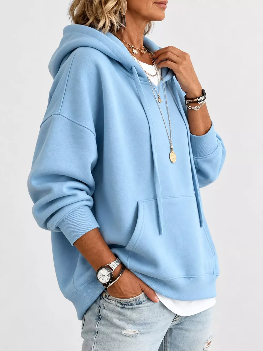 Drawstring Dropped Shoulder Hoodie, image 2