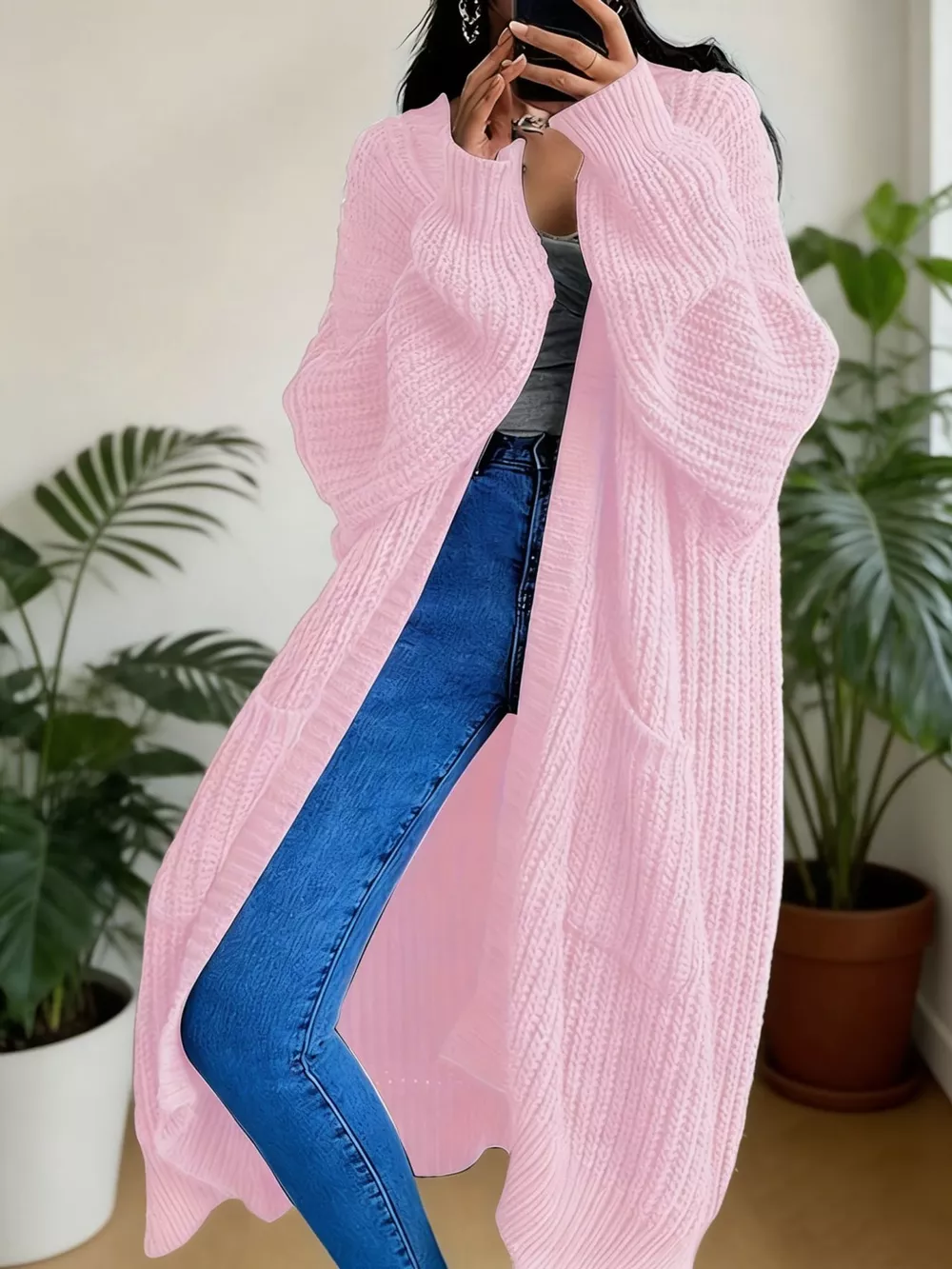 Full Size Chunky Knit Openwork Front Longline Cardigan Plus Size, image 50