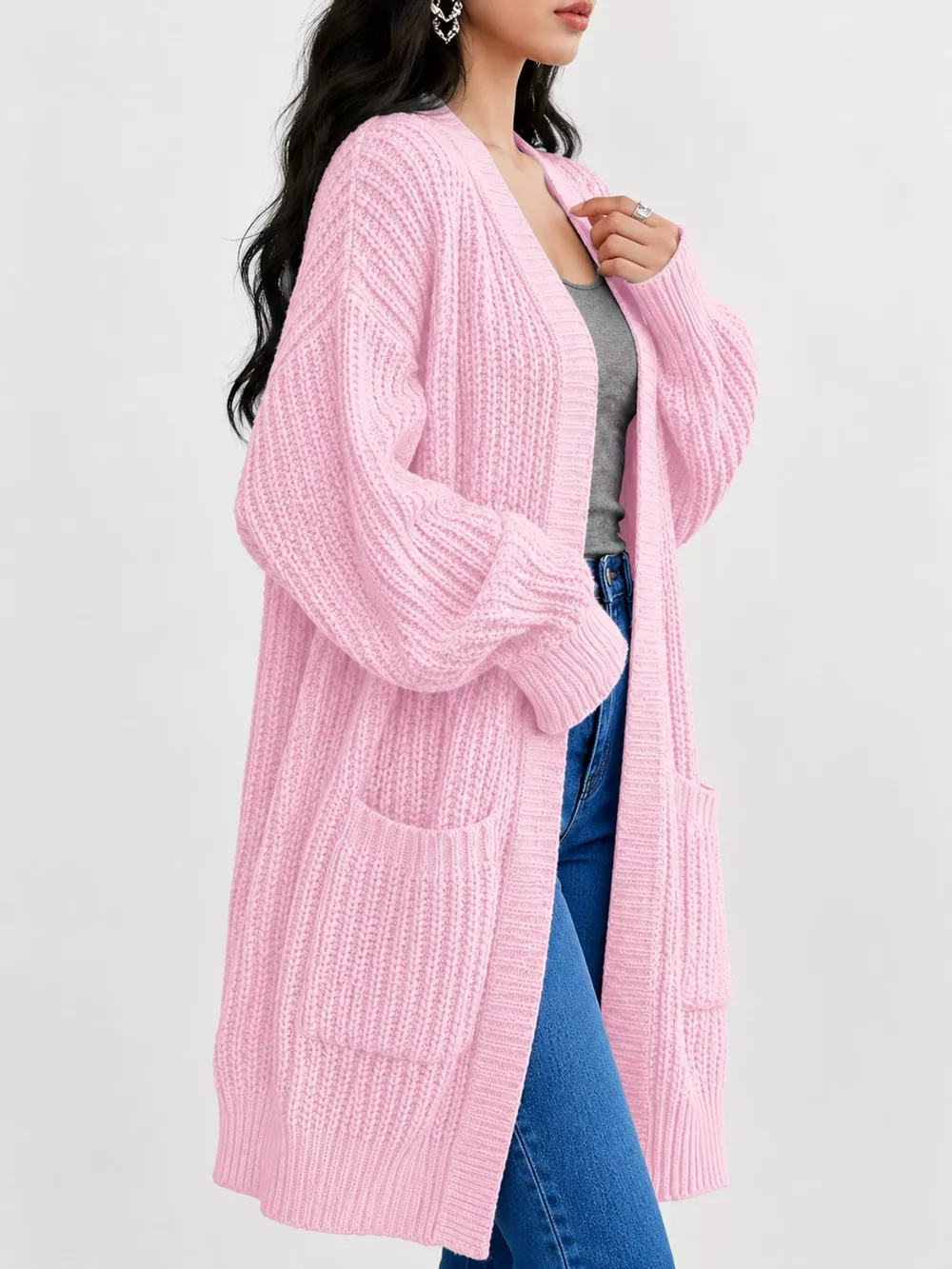 Full Size Chunky Knit Openwork Front Longline Cardigan Plus Size, image 51