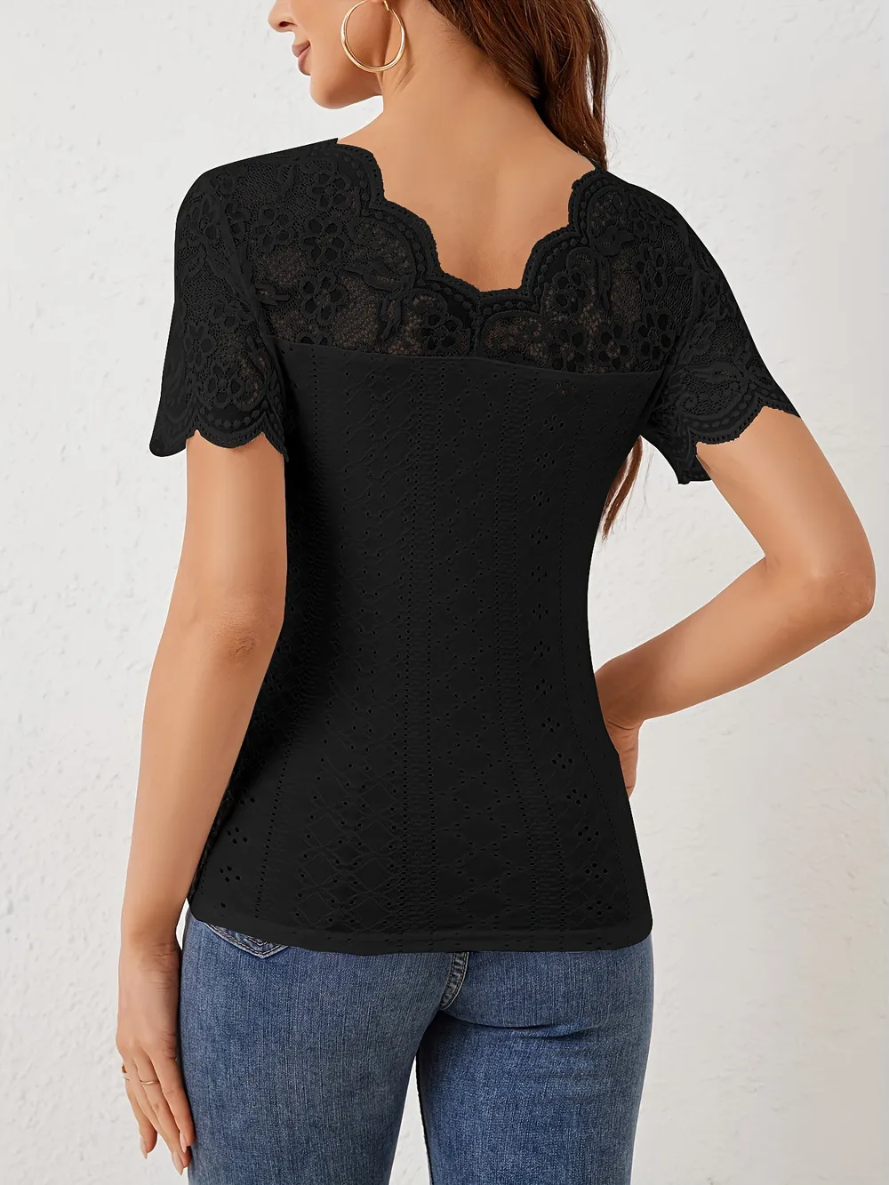 Lace Scalloped V-Neck Eyelet T-Shirt, image 23