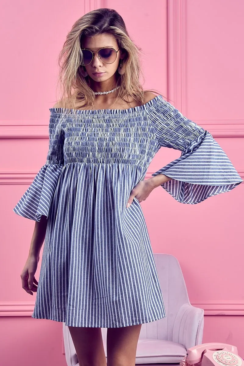 Smocked Off Shoulder Striped Dress, image 13