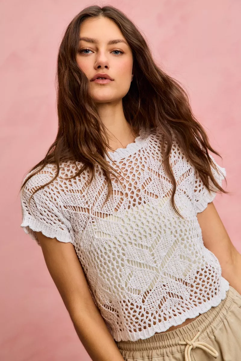Crochet Scallop Edge Short Sleeves Knit Cover Up, image 15