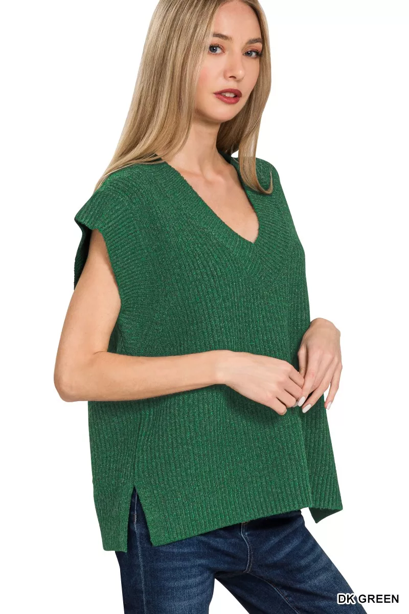Ribbed Slit V-Neck Sweater Vest, image 2