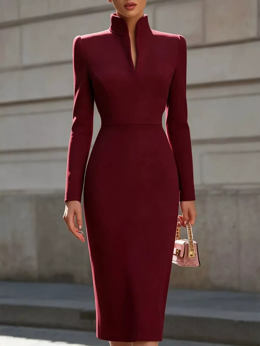 Full Size Stand-Collar Long-Sleeve Midi Dress Plus Size, image 16