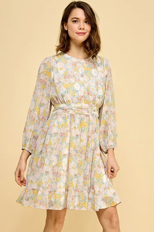 Chiffon Floral Print Belted Dress with Back Zipper, image 4