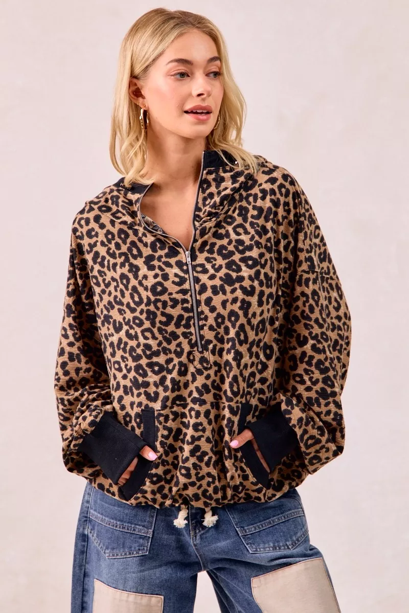 Leopard Print Waffle Half Zip Up Hoodie W Pocket, image 16