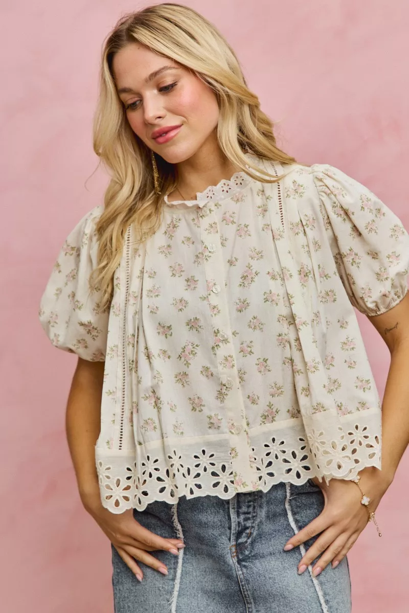 Floral Print Lace Trim Short Sleeves Blouse, image 9