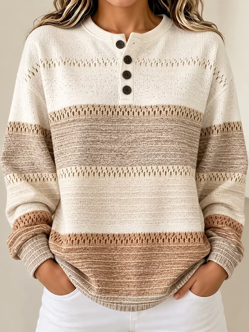 Full Size Color-Block Button Detail Sweatshirt Plus Size, image 4