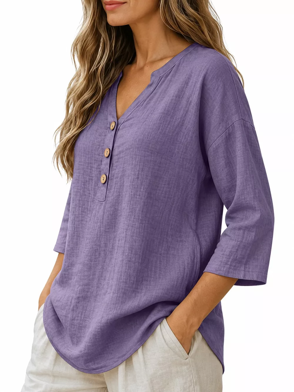 Full Size Button Detail Notched 3/4 Sleeve Blouse Plus Size, image 6