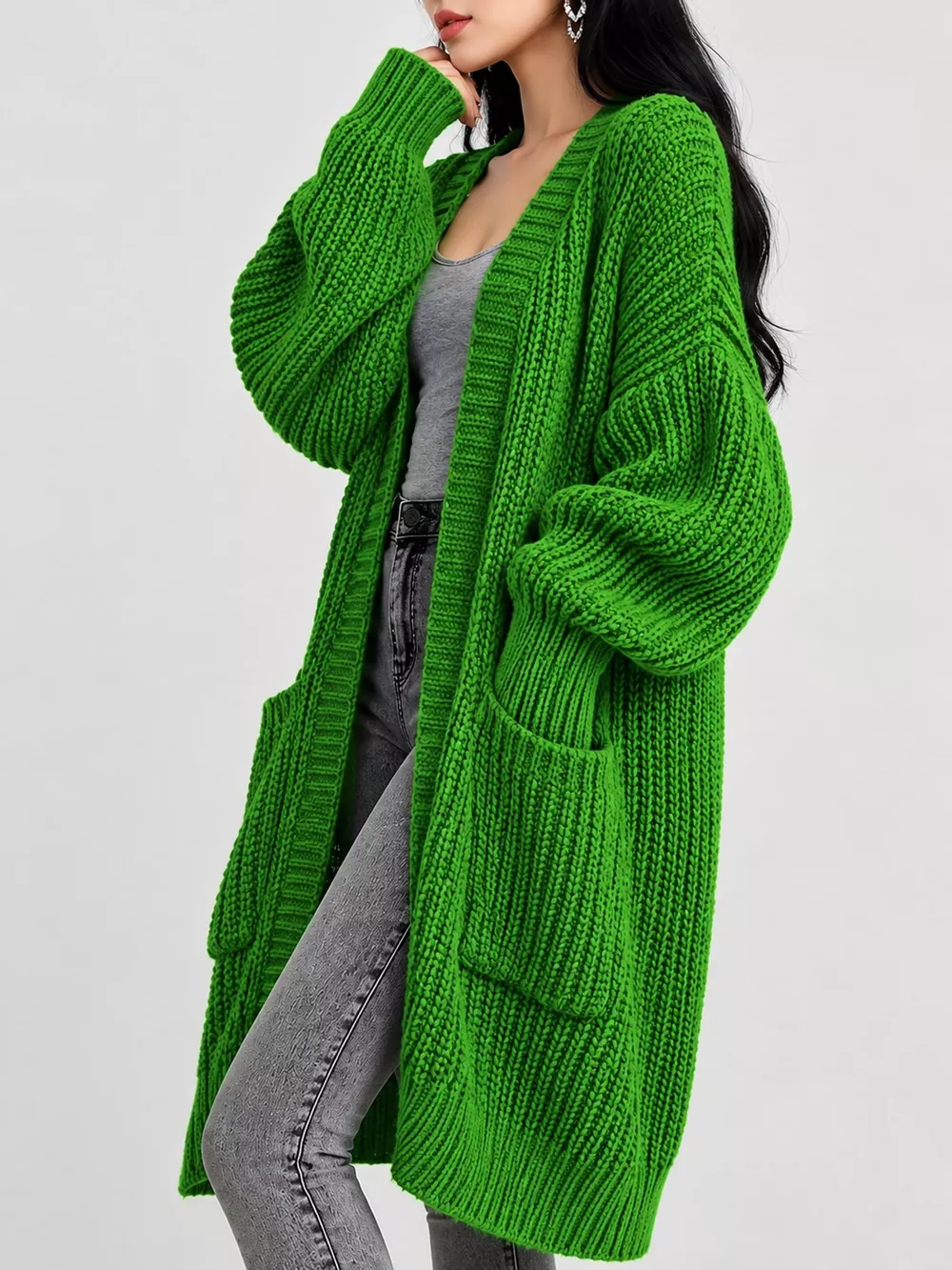 Full Size Chunky Knit Openwork Front Longline Cardigan Plus Size, image 2