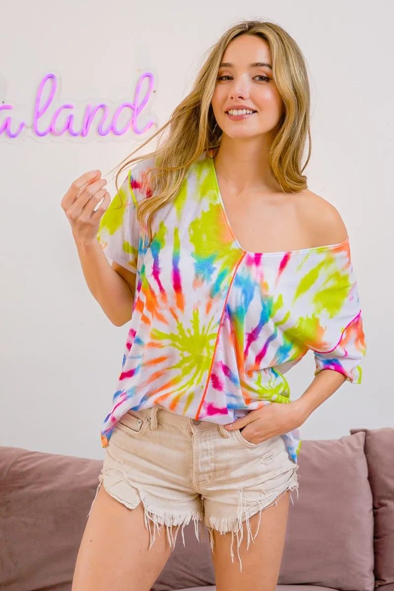 Tie Dye Print Jersey Stitched V Neck Top, image 2