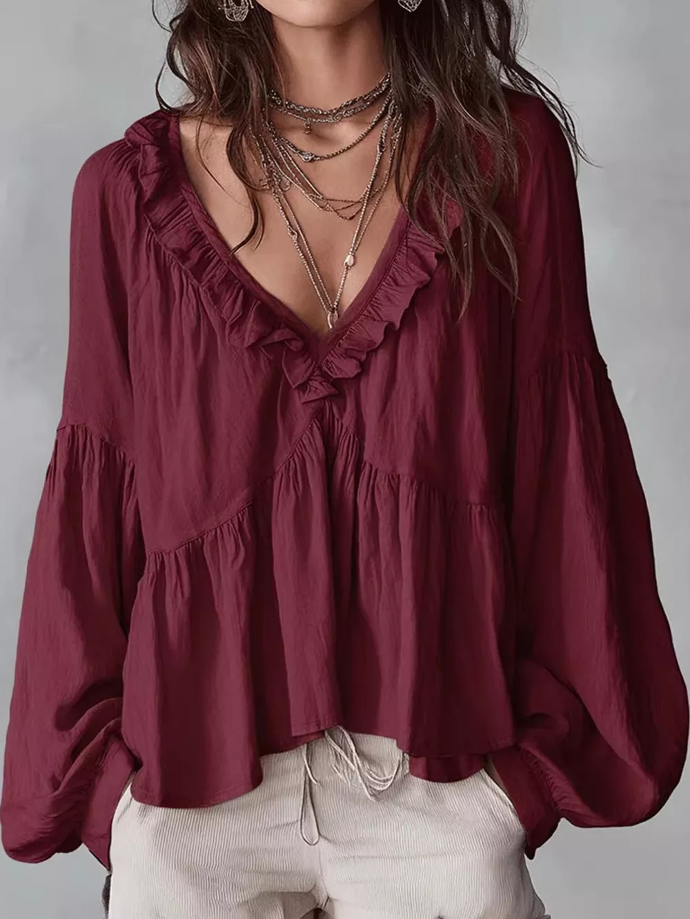 Ruffled V-Neck Blouse, image 10