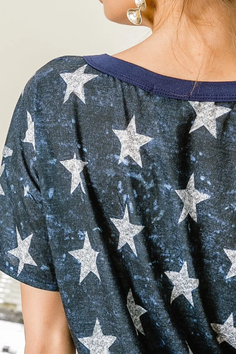 Vintage Star Print Top With Contrast Caged Neck, image 6