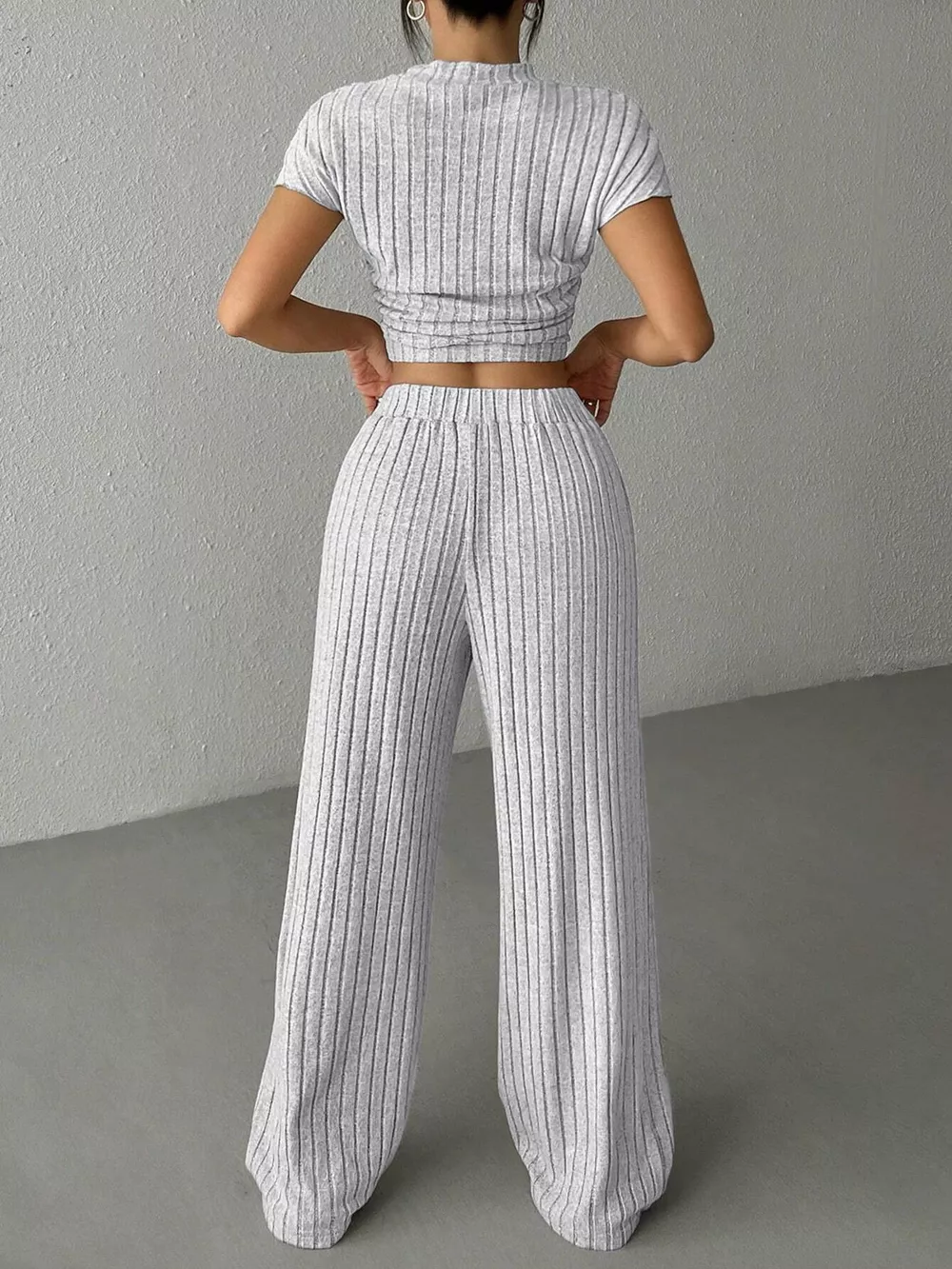 Ribbed Knit Top and Wide Leg Pants Set, image 3