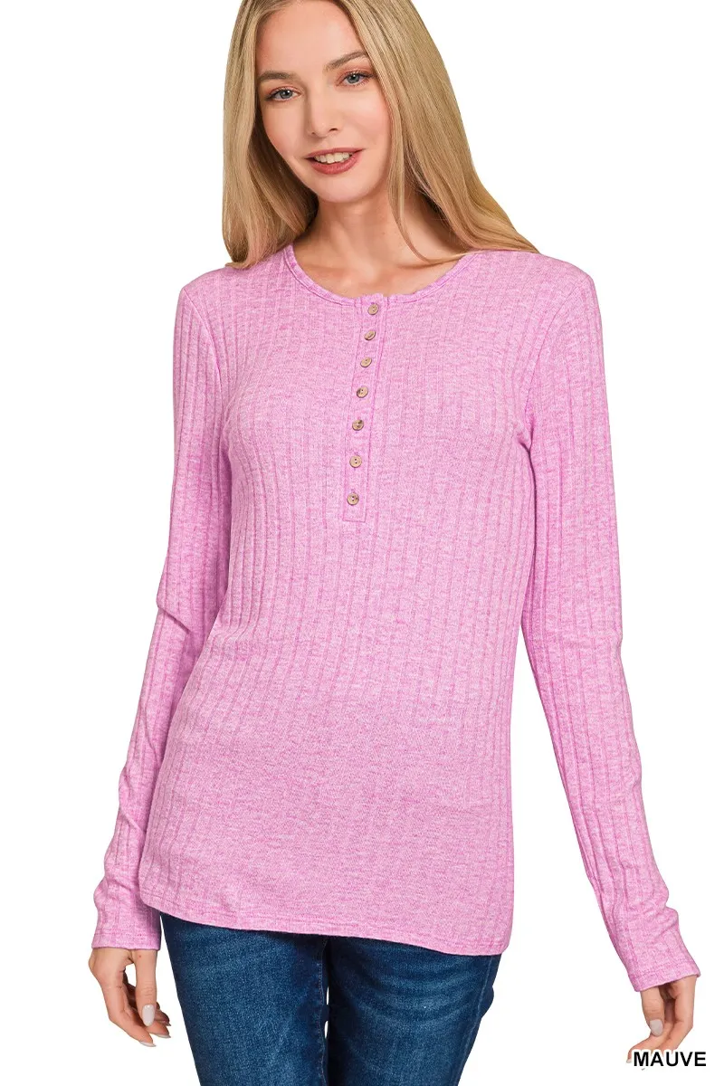 Ribbed Long Sleeve Half Button Top