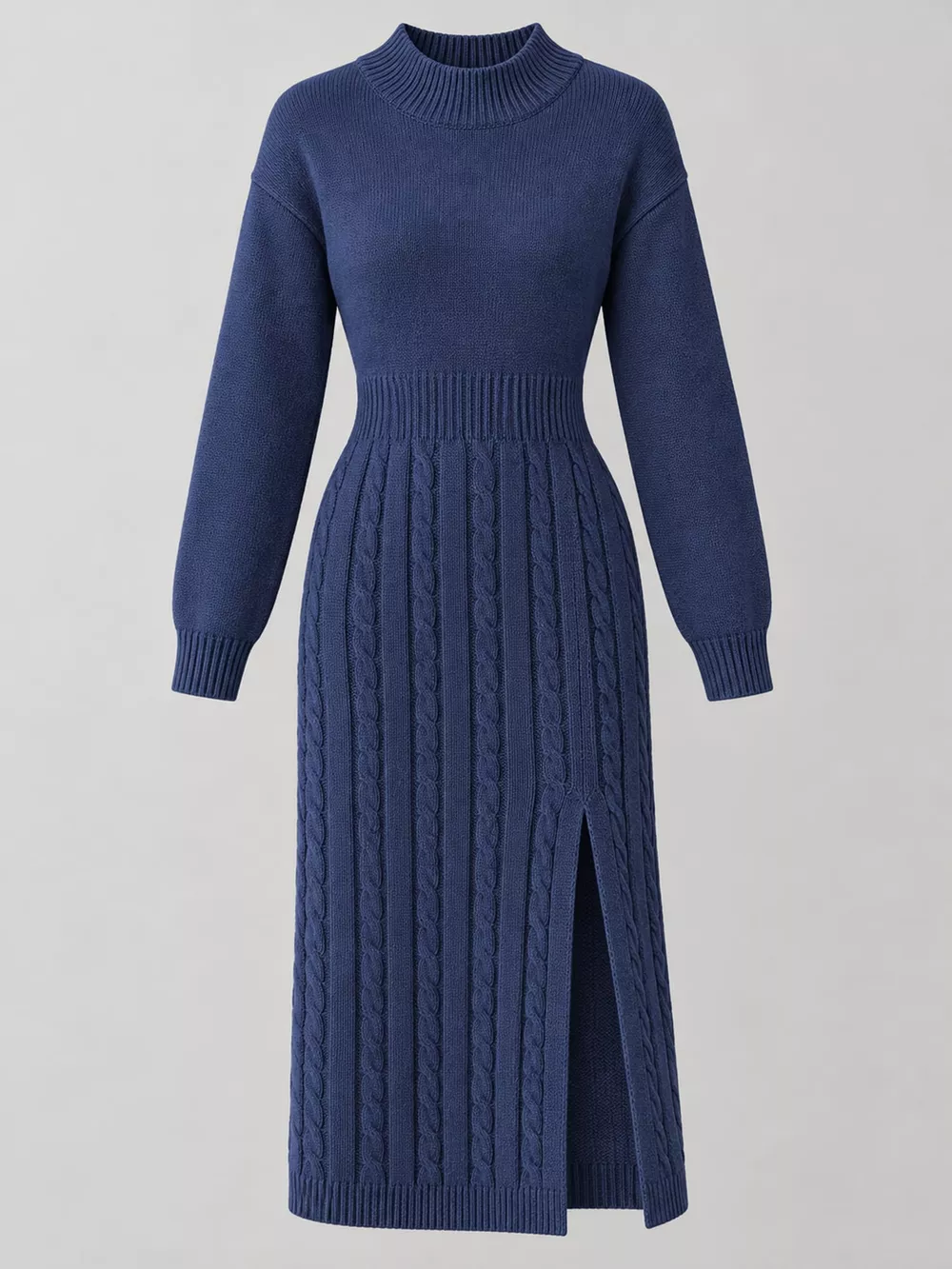 Full Size Mock Neck Cable Knit Sweater Dress with Front Slit Plus Size, image 53